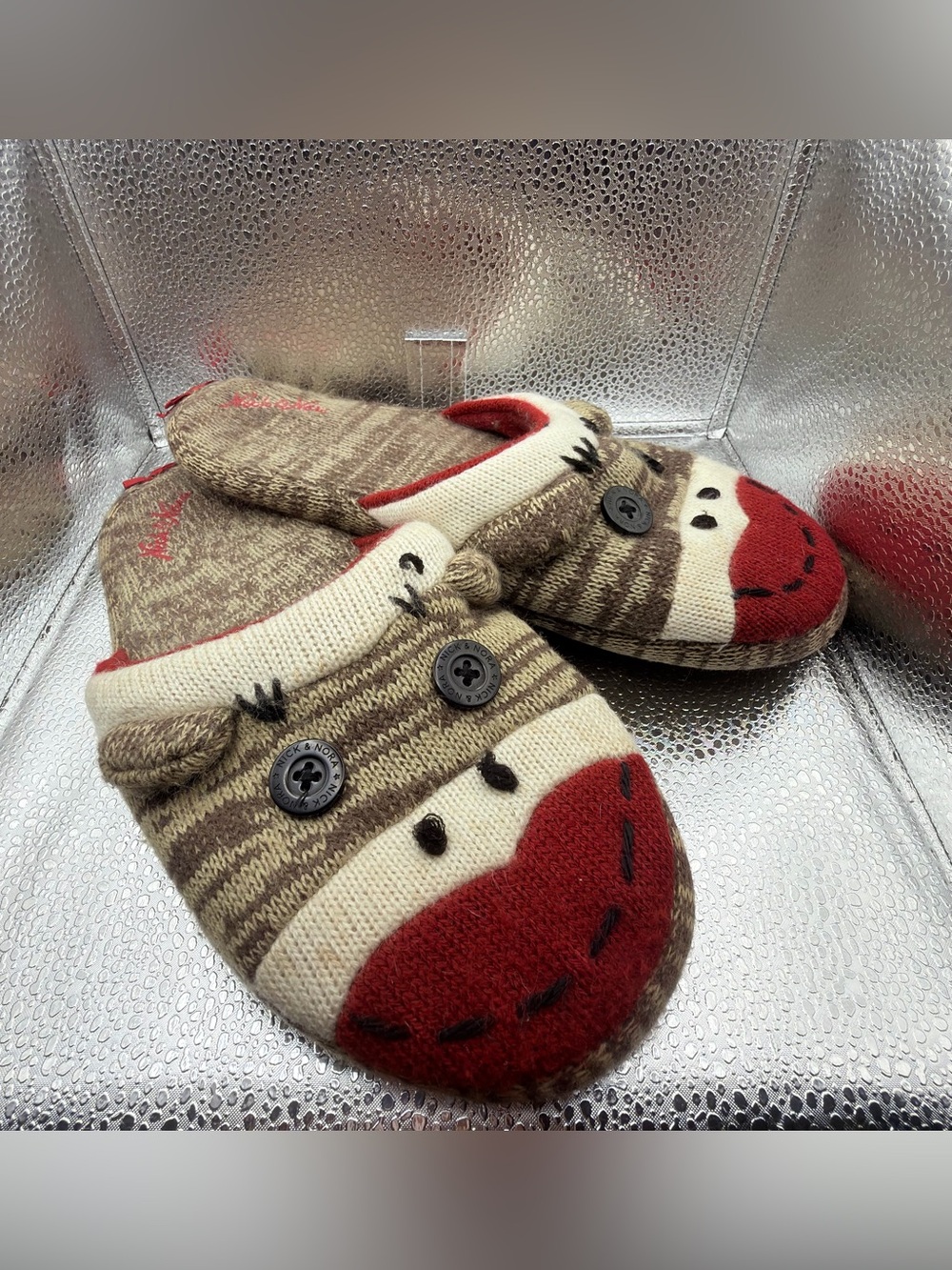 Nick & Nora Brown Red Cream Sock Monkey Slippers